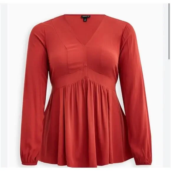 TORRID Long Sleeve Babydoll Rayon V Neck Blouse Spice Red size 2 - Picture 7 of 7